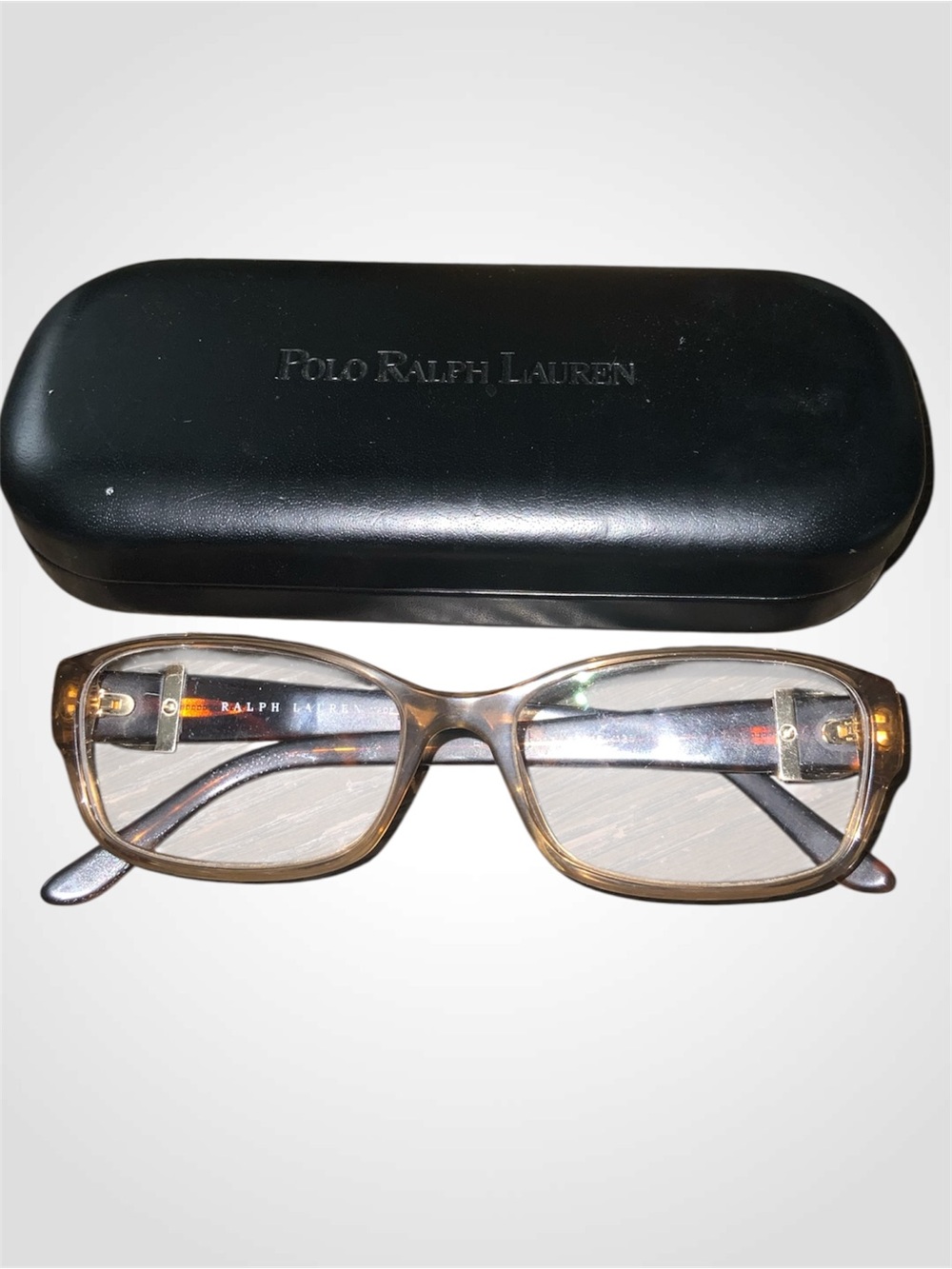 Ralph Lauren Transparent Brown Tortoise Rectangular Glasses with Black Case